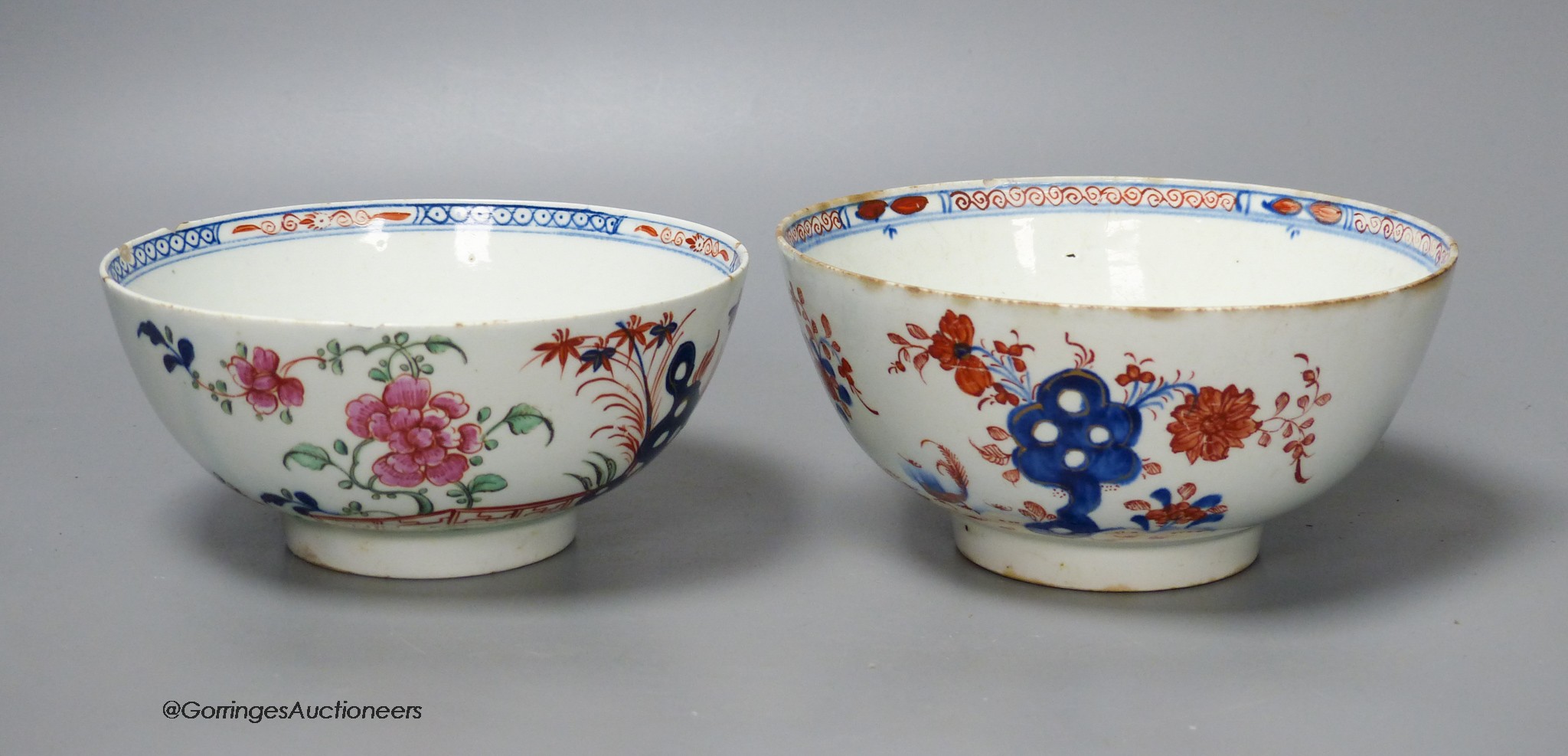 Lowestoft bowl painted in Redgrave style with Two Birds pattern and another painted with a chrysanthemum, fence and a holed rock, 16cm diameter
